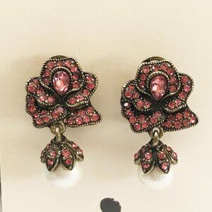 Heidi Daus Flower Pearl Hot Pink Crystal Dangle Earrings